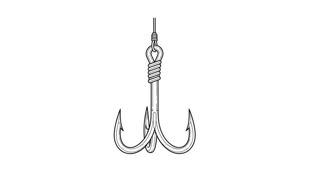 Detailed black and white line illustration showcases a triple-pronged fishing hook with a coiled rope or line attachment.