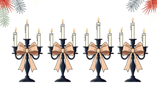 Row of four black metal candelabras with lit white candles and decorative beige bows set against a clean white background.
