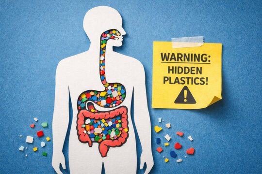 Alarming concept of microplastic and plastic pollution showing contamination in human body. serious health danger from ingestion, hidden warning for our environment