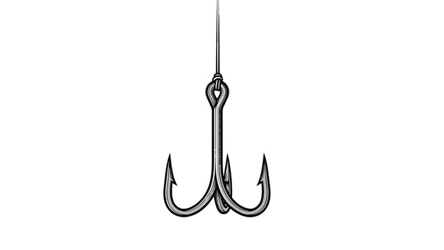 Detailed black and white illustration of a sharp triple-pronged fish hook hanging from a thin fishing line on a clean white background.
