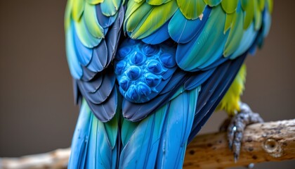 Obraz premium The image shows a close up of a colorful bird perched on a branch. The bird's feathers display a vibrant mix of greens, blues, and black, with a detailed view of the intricate feather patterns