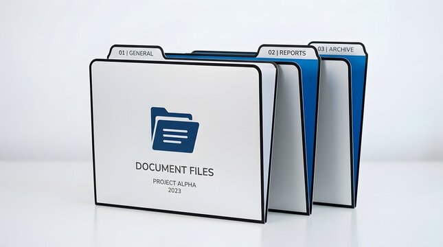A set of labeled document file folders on a white background