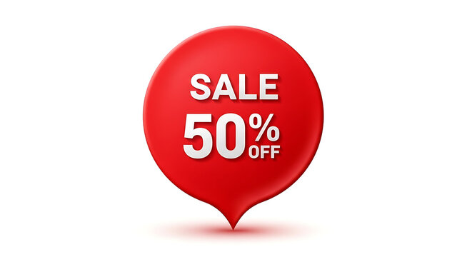 Red sale badge with 50 percent off text on isolated white background for advertising and marketing