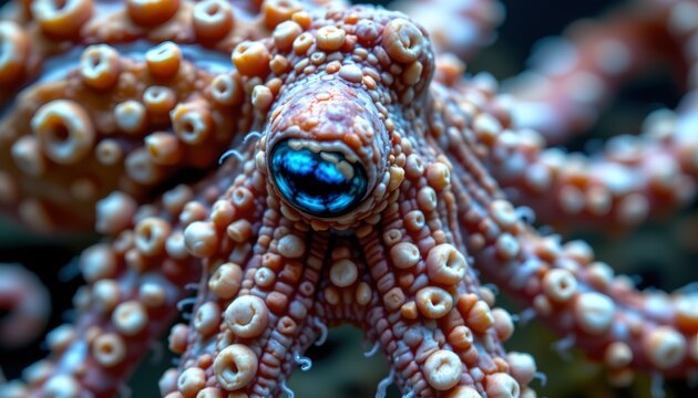 A close up image of a small octopus showcases its textured skin covered in numerous rounded bumps and suckers
