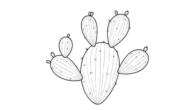 Prickly pear cactus with multiple pads and small fruits shown in a detailed black and white botanical line art illustration.
