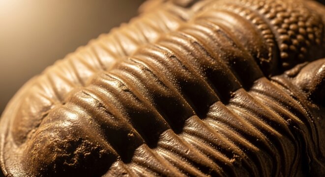 Macro Shot of a Fossilized Trilobite Exoskeleton Showing Intricate Segmented Details.