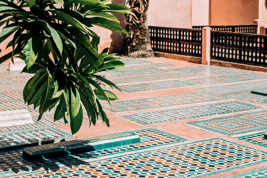 Moroccan tile mosaic courtyard floor in traditional architecture