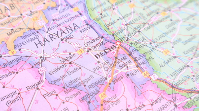 Haryana & Delhi, India - Detail from a Colorful Map