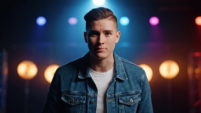 Energetic Young Man in Denim Jacket Speaking Passionately on Stage with Vibrant Cinematic Lighting Background