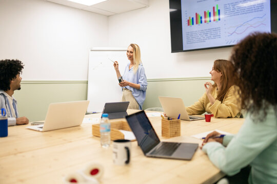 Team meeting in coworking office with data presentation