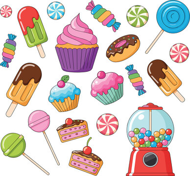 Sweet desserts vector set, candy cupcakes ice cream lollipops donuts and gumball machine