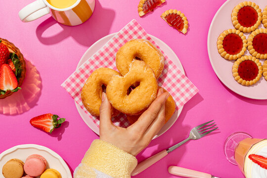 Delicious breakfast spread with pastries and strawberries