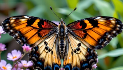 Obraz premium A vibrant butterfly with intricate orange, black, cream, and blue markings is perched with its wings fully spread