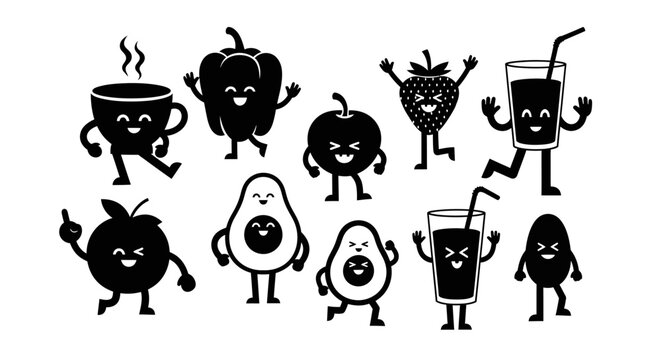 Collection of Happy Cartoon Fruits Vegetables and Drinks Characters.