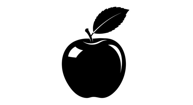 Black Silhouette of a Ripe Apple with a Leaf.