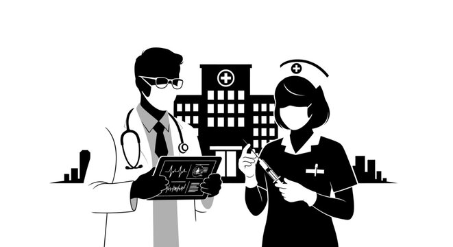 Doctor and nurse discussing medical results in front of hospital.