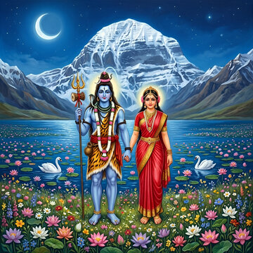Lord Shiva and Goddess Parvati on Mount Kailash, Night Scene. An intricate painting showing Lord Shiva and Goddess Parvati holding hands by Mansarovar lake, with Mount Kailash and a crescent moon.