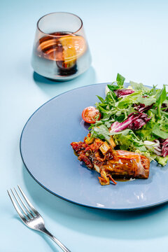Vegetable spring roll with teriyaki sauce and salad plate