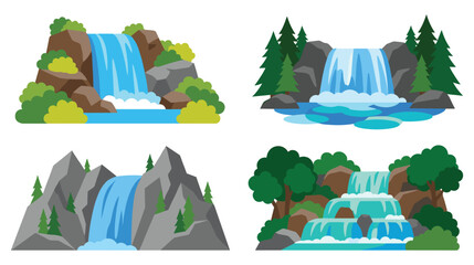 Beautiful waterfall set isolated on white background flat vector illustration. © NAZMA