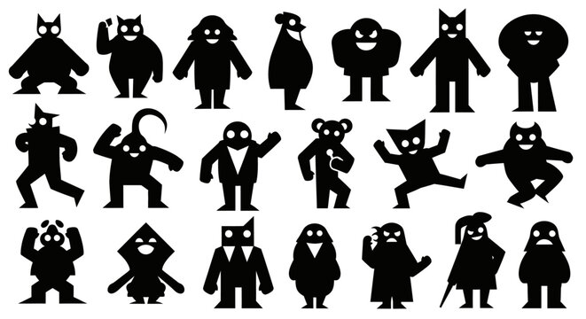 Collection of Diverse Silhouetted Cartoon Monsters and Characters.