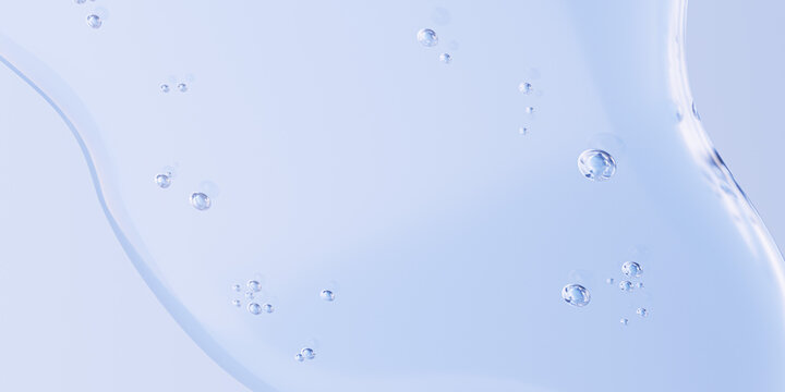 Flat lay macro texture of light blue transparent cosmetic liquid with scattered bubbles. Represents airy clarifying cleansing power perfect for micellar water background or soothing toner packaging.