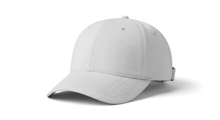 Fototapeta premium A white baseball cap with a curved brim and a strap on the back, displayed against a plain white background.