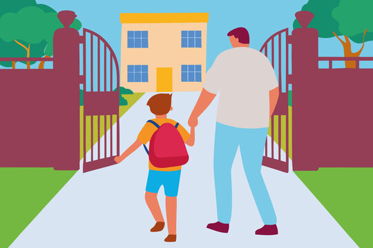 Father and son walk hand in hand to begin homeschool