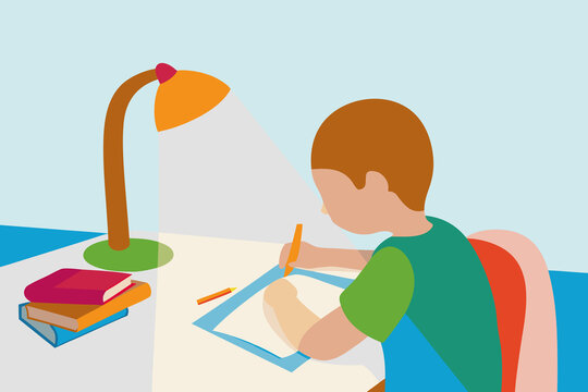 Child doing homework at desk in home office afternoon