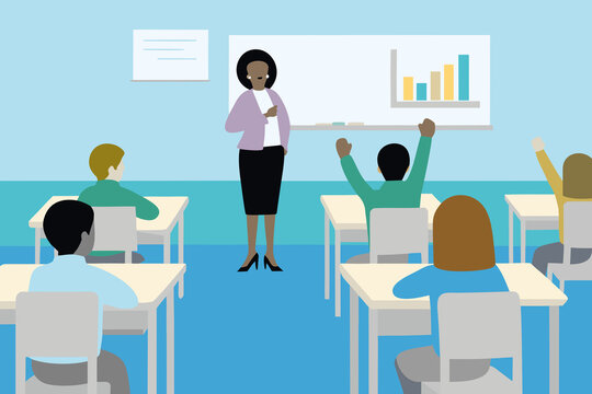 Diverse students join online class with teacher at home