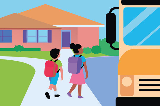 Children walk to school bus after home assignment in sun