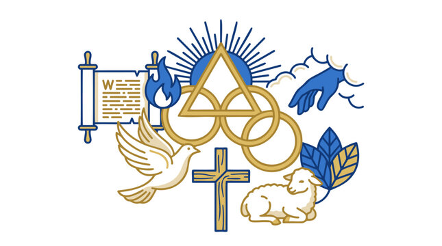 Christian Religious Symbols Collection with Trinity Knot, Cross, Dove, and Lamb, featuring Scroll & Flame, representing Faith and Divine Concepts in Modern Blue and Gold Line Art Vector Isolated