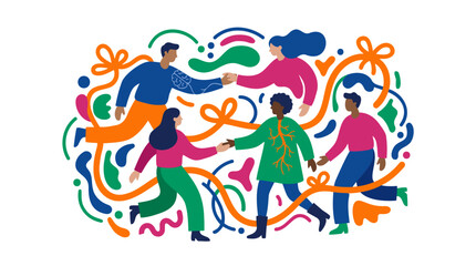 Fototapeta premium Diverse Group Community with Handshakes, Abstract Connections for Global Collaboration, Mental Wellbeing, Flat Vector Design, Vibrant Colors Illustration.
