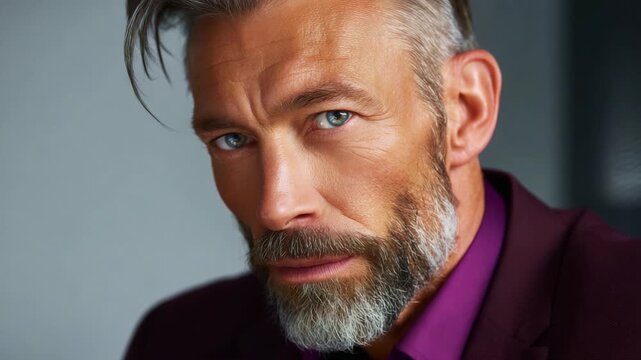 Captivating close-up of a mature man with a distinguished beard and expressive eyes, exuding confidence and sophistication in a tailored suit