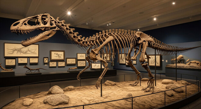 Dinosaur skeleton displayed in museum with art and fossils in background  