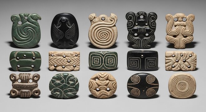 Collection of Ancient Mesoamerican Carved Stone Artifacts and Beads.