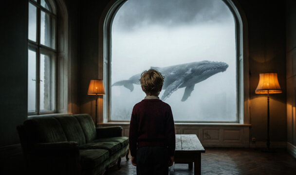 Surreal whale outside window in quiet science fantasy room