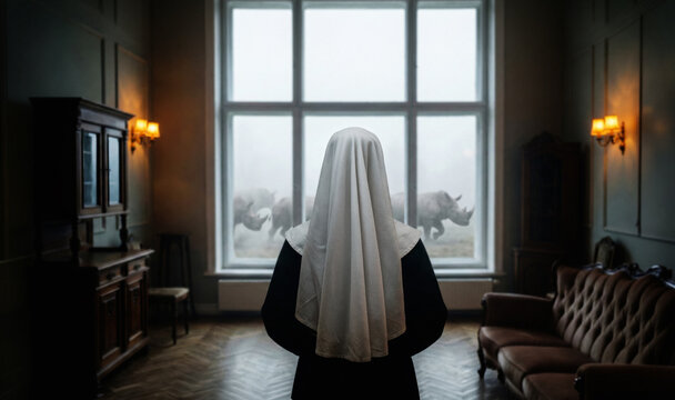 Nun in vintage room watching rhinoceros outside window