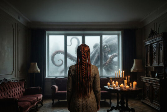 Surreal octopus outside window in candlelit room scene