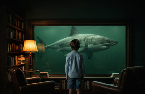 Surreal study window reveals giant shark in aquarium