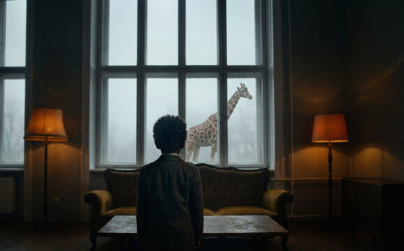 Surreal giraffe outside lab window seen by curious kid