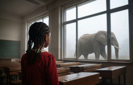 Surreal classroom window scene with elephant and student