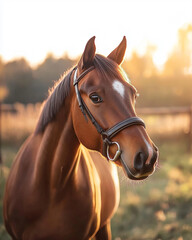 Fototapeta premium Horse in nature with a calm posture. Soft light, blurred rural background and professional stock photography