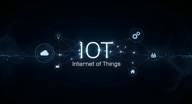 A futuristic concept of Internet of Things with connected devices and glowing icons on a dark background