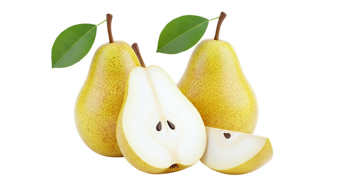 Fresh Pears with Leaf, Half Pear, and Slice