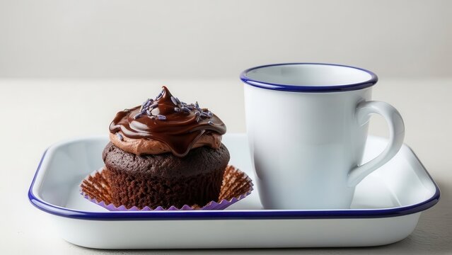 A chocolate cupcake with chocolate frosting on a white enamel tray with a blue rim and a white mug
