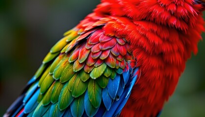 Obraz premium The image features a close up of a vividly colored bird with an intricate arrangement of feathers
