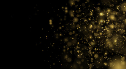 Naklejka premium Golden dust glows in soft light on black background, sparkle, glitter across bokeh. Twinkle particles and stardust highlights flare. Festive sparks, glare, lens flare, magical vector illustration.