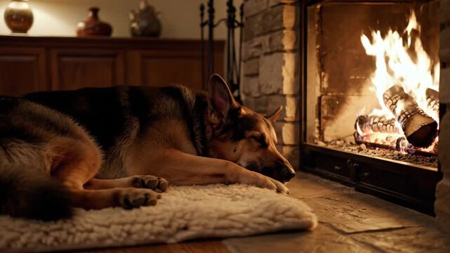 Cozy German Shepherd Dog Relaxing by a Warm Fireplace.