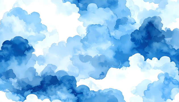 Seamless wallpaper pattern of soft abstract watercolor clouds in various shades of sky blue and cerulean on white background generative AI