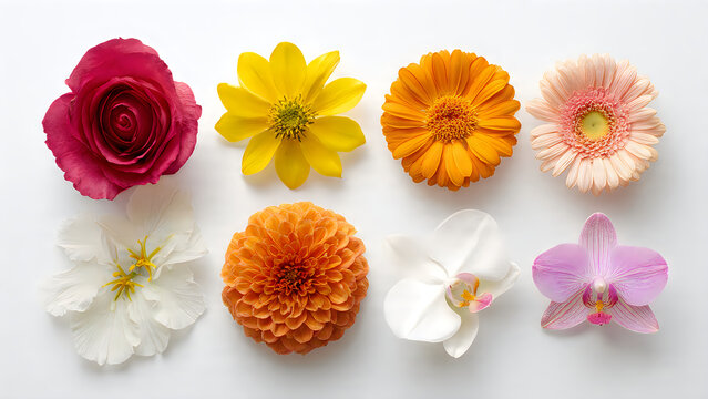 A collection of seven vibrant flowers arranged neatly showcasing their unique petals and colors against a plain background